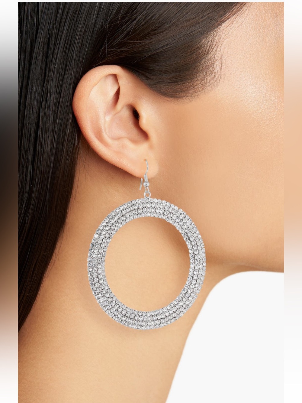 Natasha Couture Silver Rhinestone Double Hoop Dangle Earrings - Picture 3 of 5